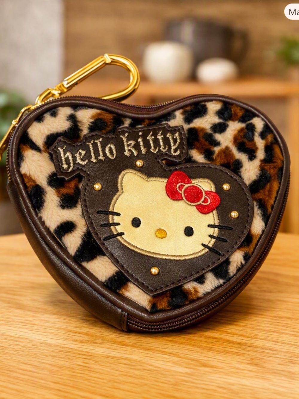 Hello Kitty Heart Coin Pouch in Leopard and Brown with Gold Hardware